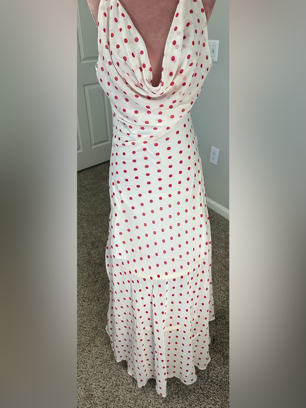 Cream Maxi Dress with Red Polka Dots and Cowl Neck